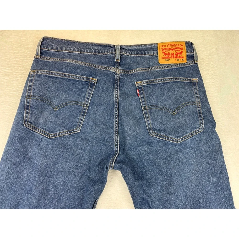 Levi's 505 Men's 36x32 Jeans Scare Crow Plaid Patchwork Grungy Deep Blue Denim